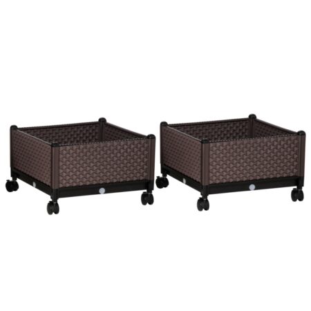 2 x Plantekasse med hjul, plastik - Brun 50 x 50 x 33 cm.