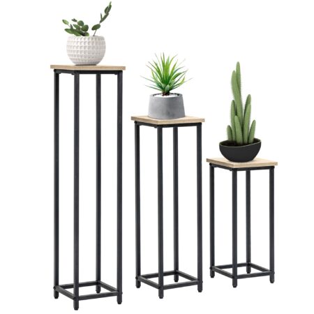 3-Delt sæt stabelbare plantestativer, pladsbesparende, 21 cm x 21 cm x 50/70/90 cm, stål, brun + sort