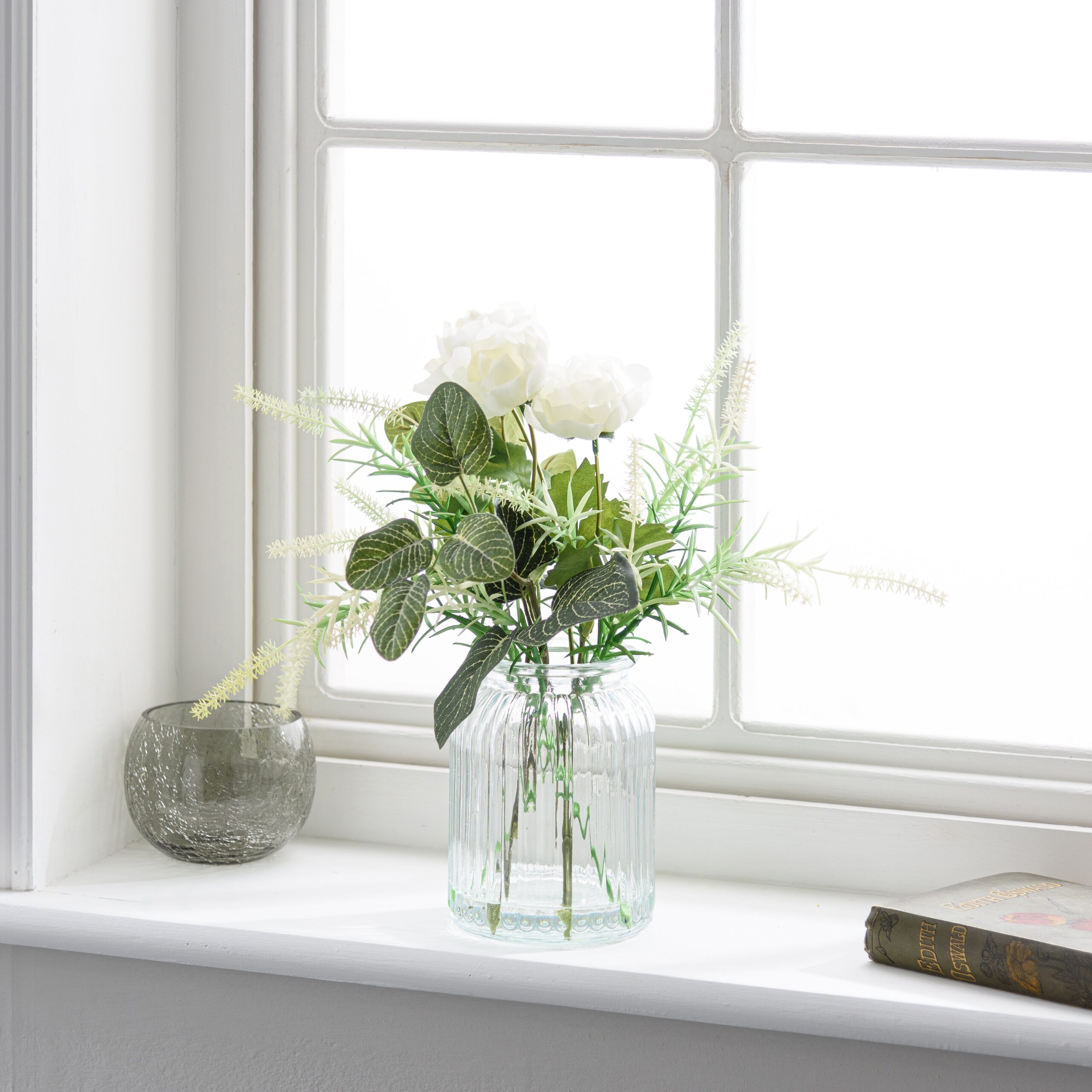 Artificial Cream Ranunculus Bouquet in Ribbed Glass Vase Cream Artificial Cream Ranunculus Bouquet in Ribbed Glass Vase Cream