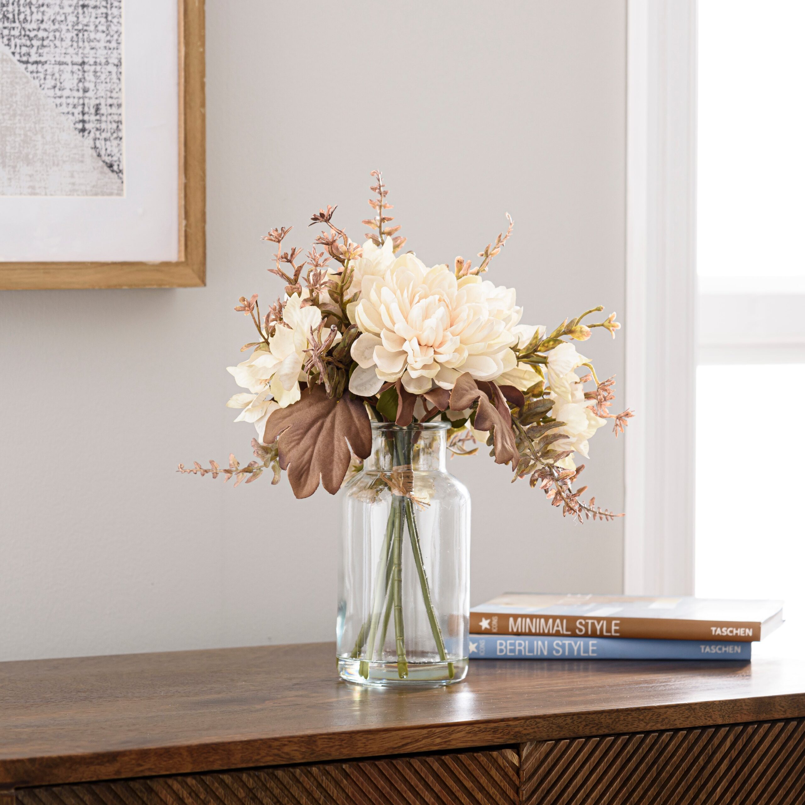 Artificial Dried Dahlia and Foliage Bouquet in Glass Vase Cream Artificial Dried Dahlia and Foliage Bouquet in Glass Vase Cream
