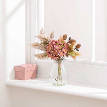 Artificial Dried Pink Hydrangea and Pampas Bouquet in Glass Vase Pink