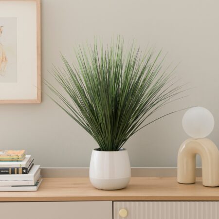Artificial Grass in Textured White Ceramic Plant Pot Green