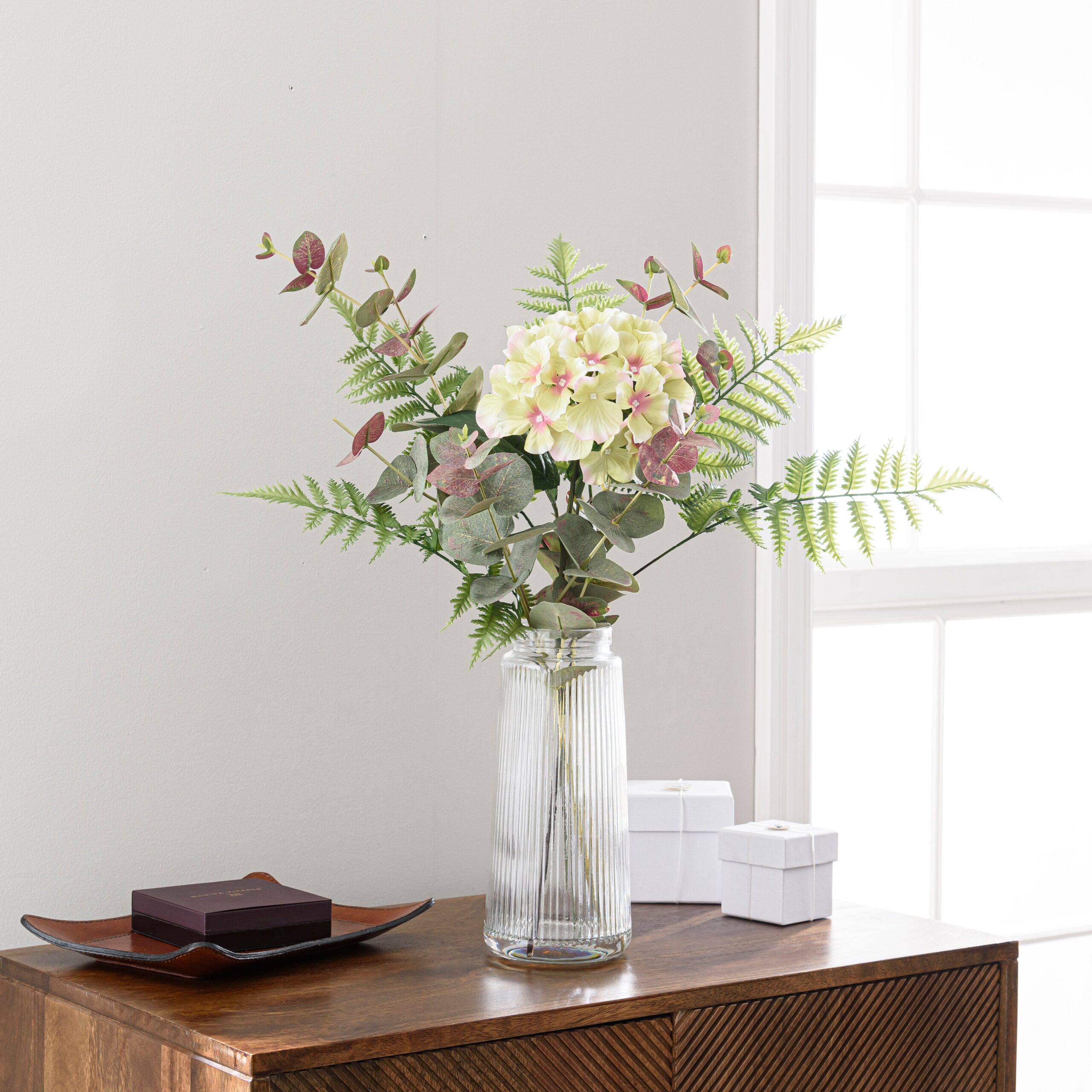 Artificial Green Hydrangea and Eucalyptus Bouquet in Ribbed Glass Vase Green Artificial Green Hydrangea and Eucalyptus Bouquet in Ribbed Glass Vase Green