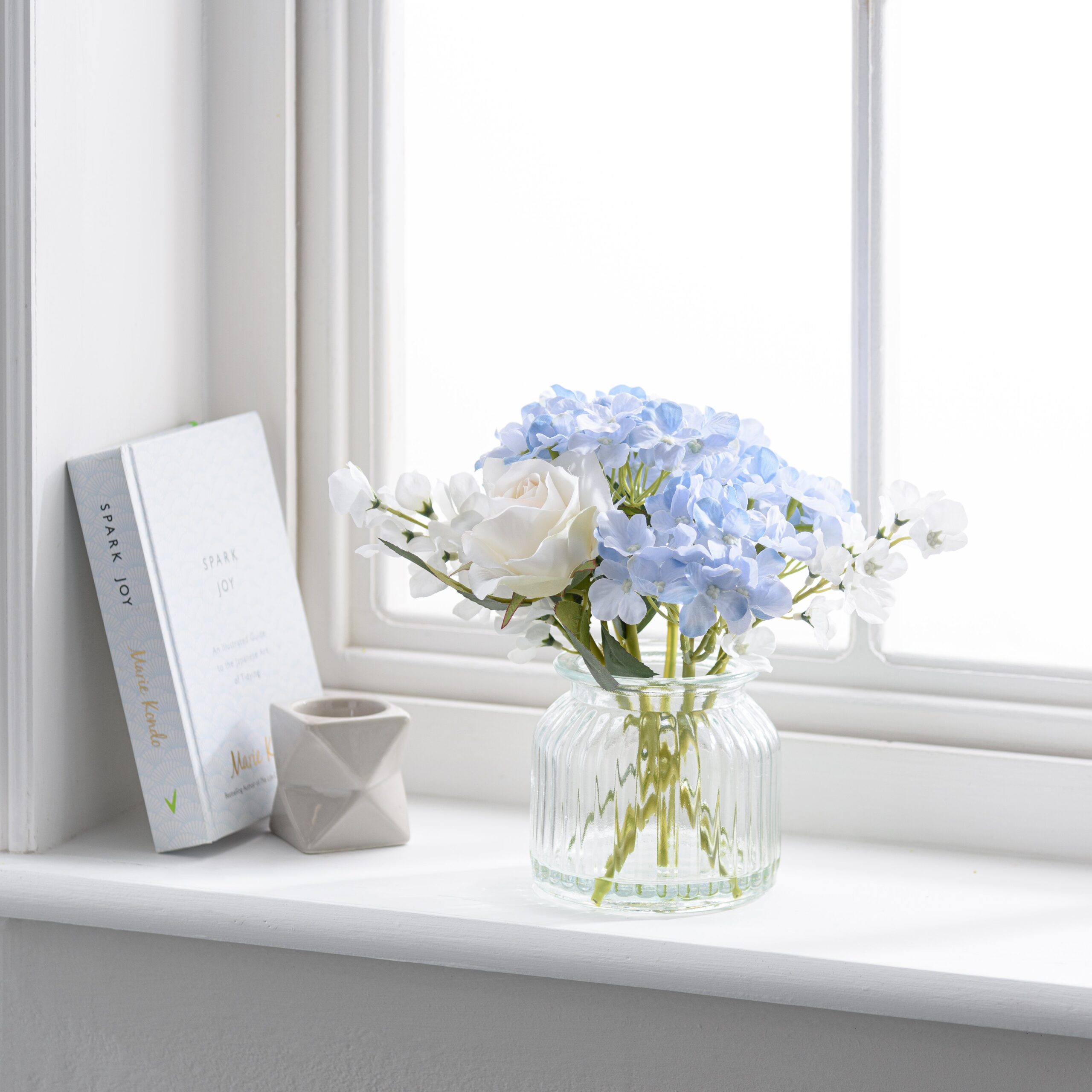 Artificial Hydrangea and Rose Bouquet in Ribbed Glass Vase Blue