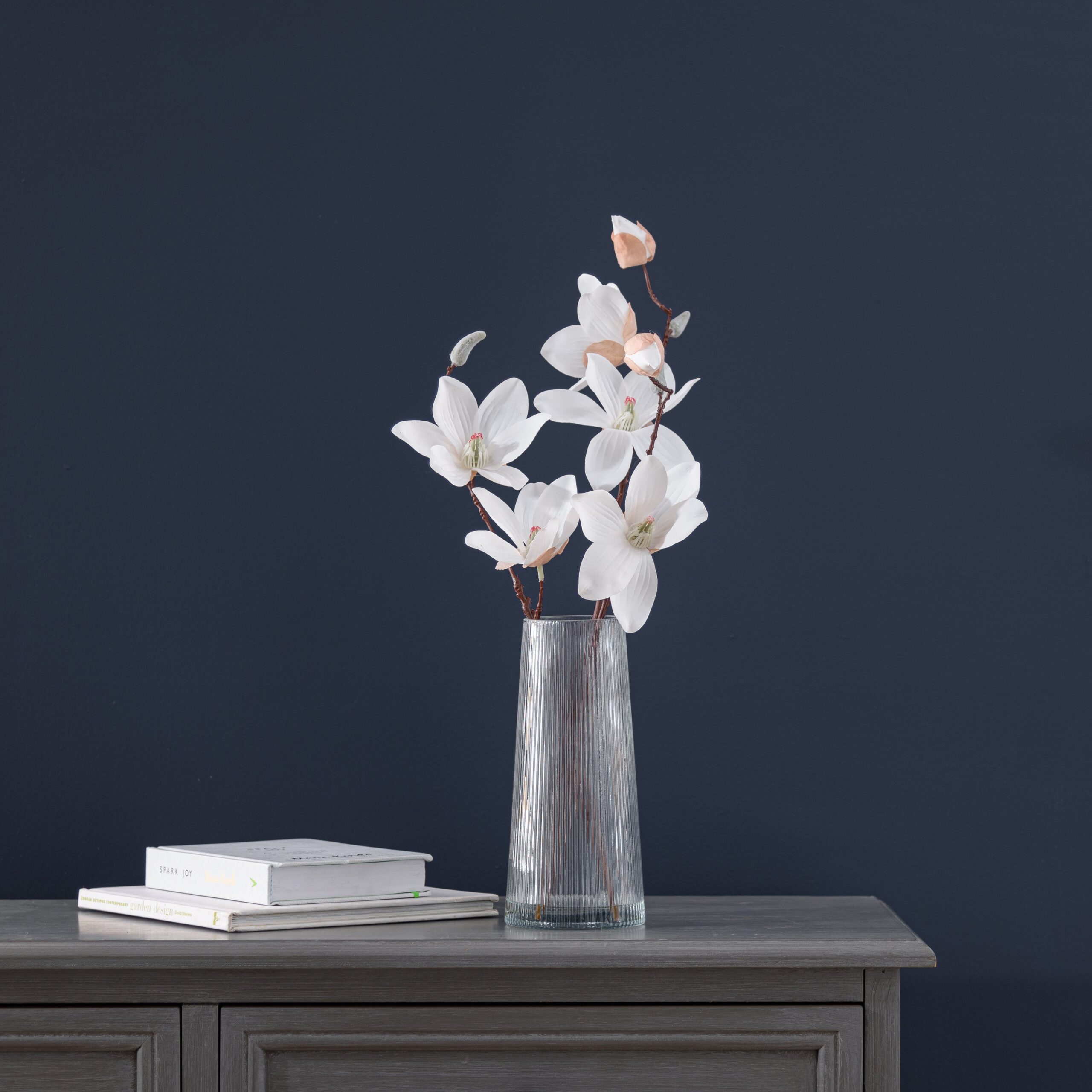 Artificial Magnolia Bouquet in Ribbed Glass Vase White Artificial Magnolia Bouquet in Ribbed Glass Vase White