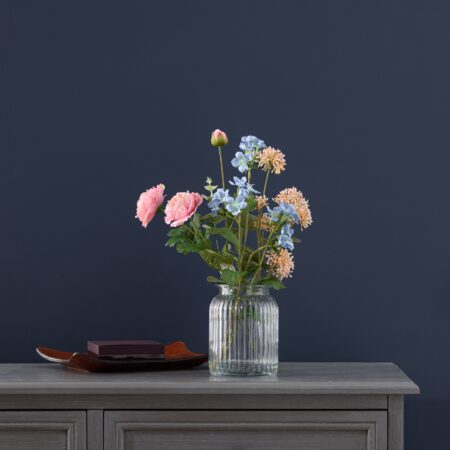 Artificial Pink & Blue Ranunculus Bouquet in Ribbed Glass Vase MultiColoured