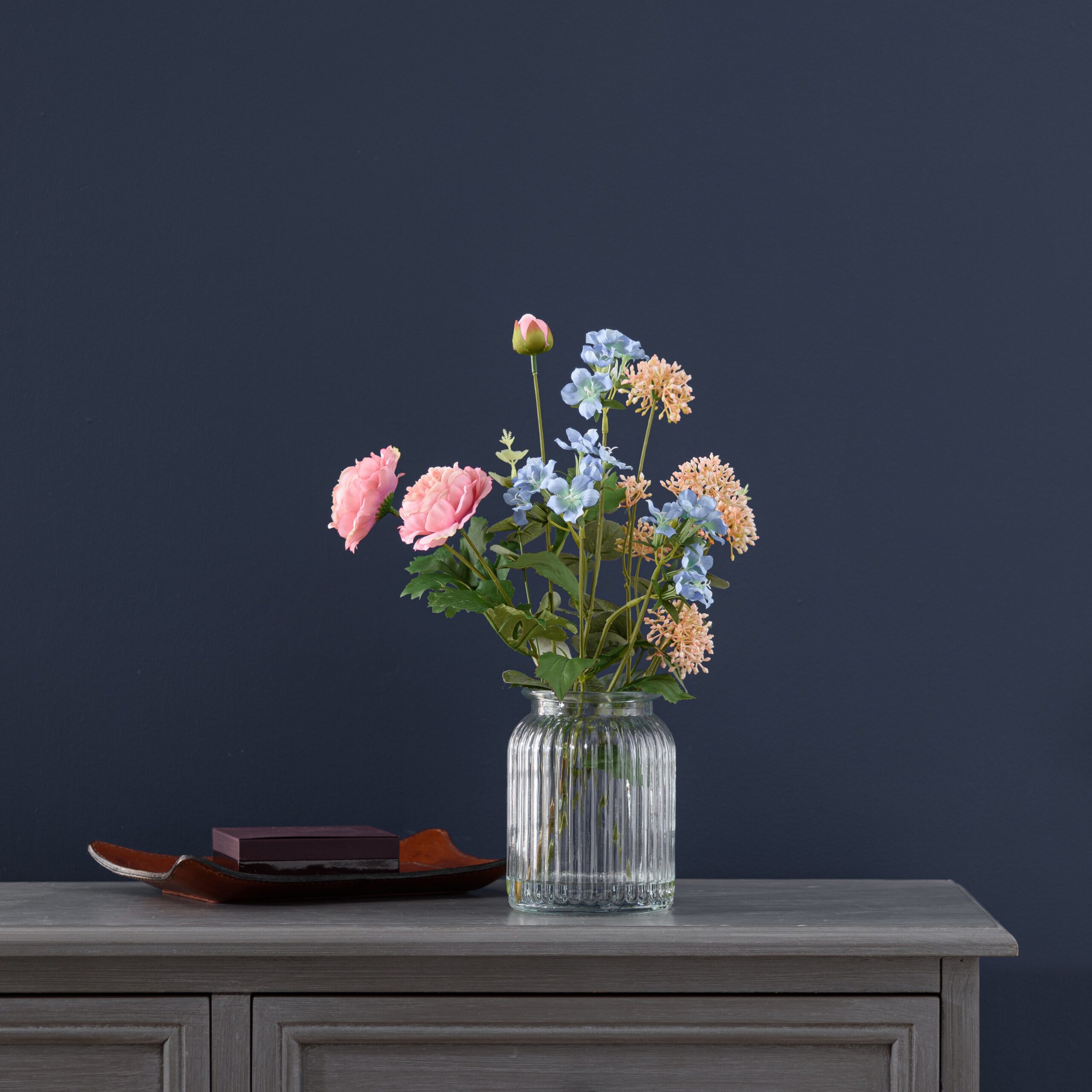 Artificial Pink & Blue Ranunculus Bouquet in Ribbed Glass Vase MultiColoured Artificial Pink & Blue Ranunculus Bouquet in Ribbed Glass Vase MultiColoured
