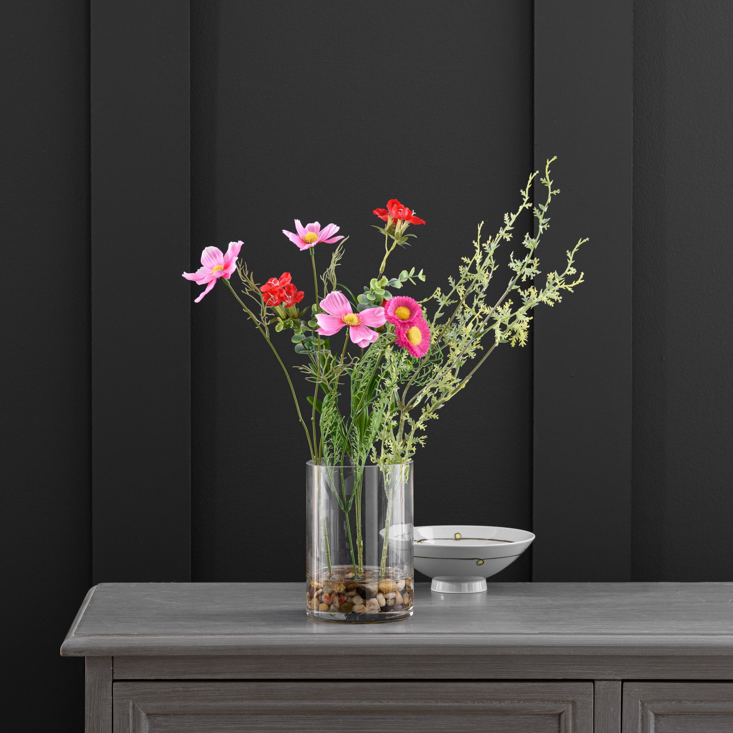 Artificial Pink and Red Wildflower Bouquet in Glass Vase Red