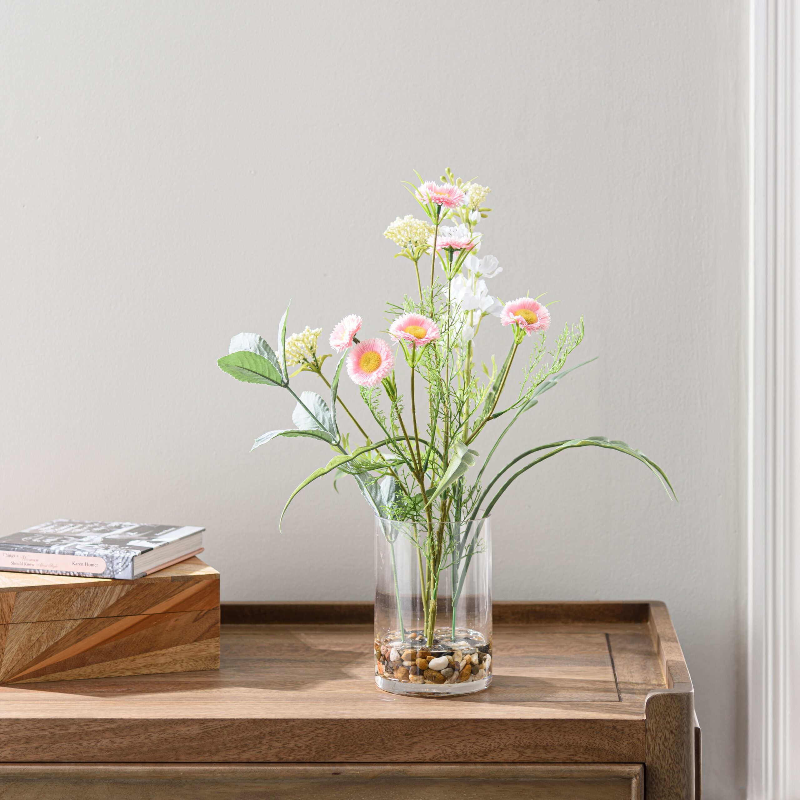 Artificial Pink and White Wildflower Bouquet in Glass Vase Pink