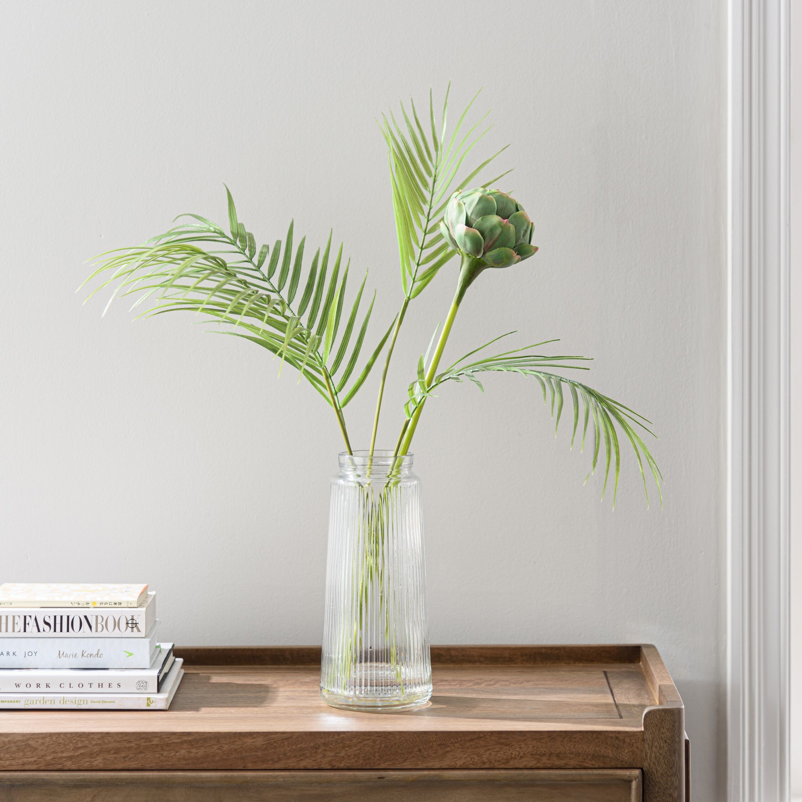 Artificial Protea and Palm Leaf Bouquet in Glass Vase Green Artificial Protea and Palm Leaf Bouquet in Glass Vase Green