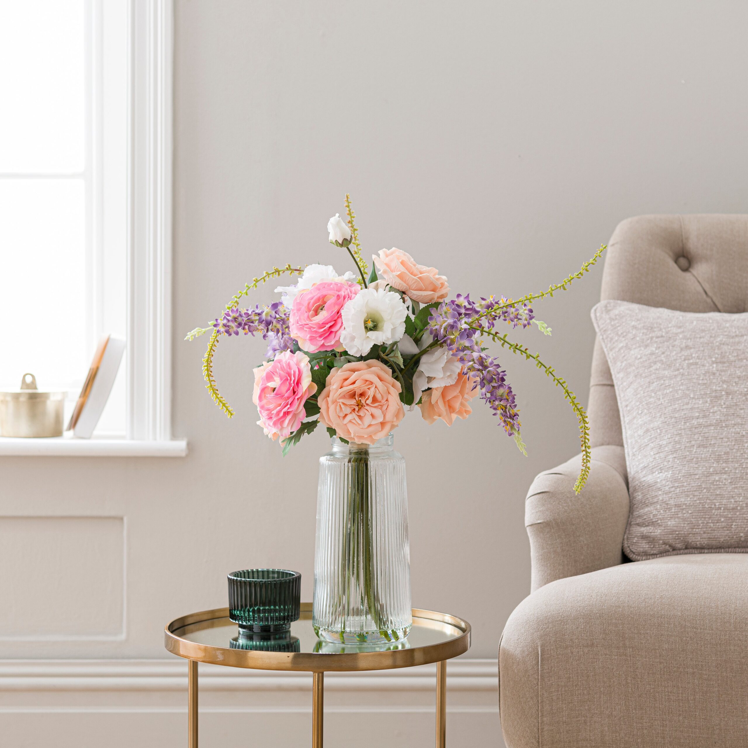 Artificial Rose & Delphinium Bouquet in Ribbed Glass Vase Pink Artificial Rose & Delphinium Bouquet in Ribbed Glass Vase Pink