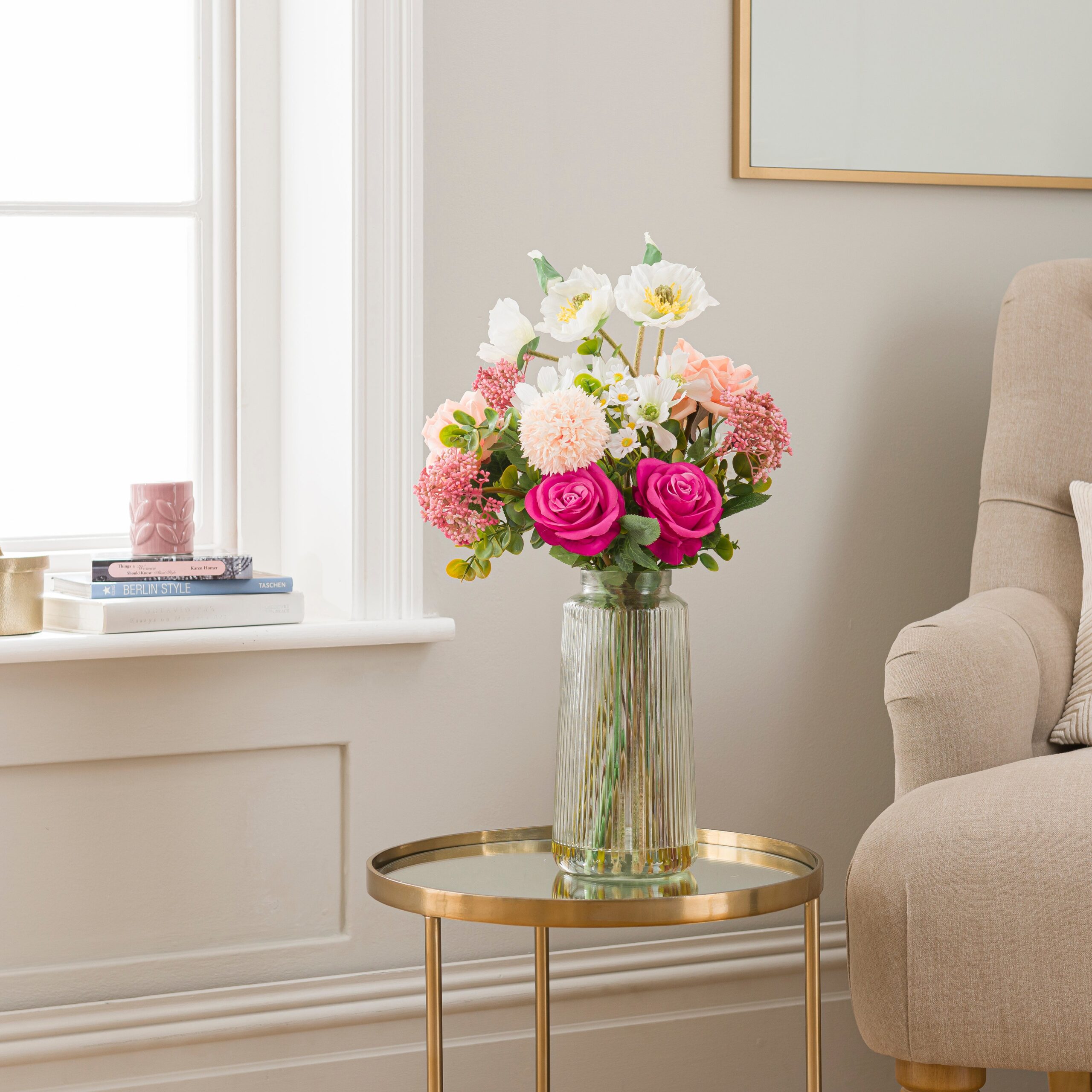 Artificial Rose & Poppy Bouquet in Ribbed Glass Vase Pink Artificial Rose & Poppy Bouquet in Ribbed Glass Vase Pink
