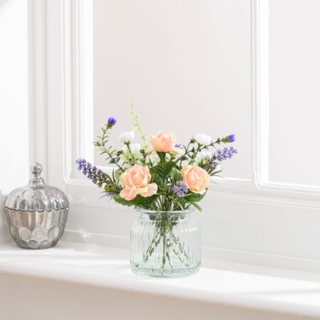 Artificial Rose and Lavender Bouquet in Glass Vase MultiColoured