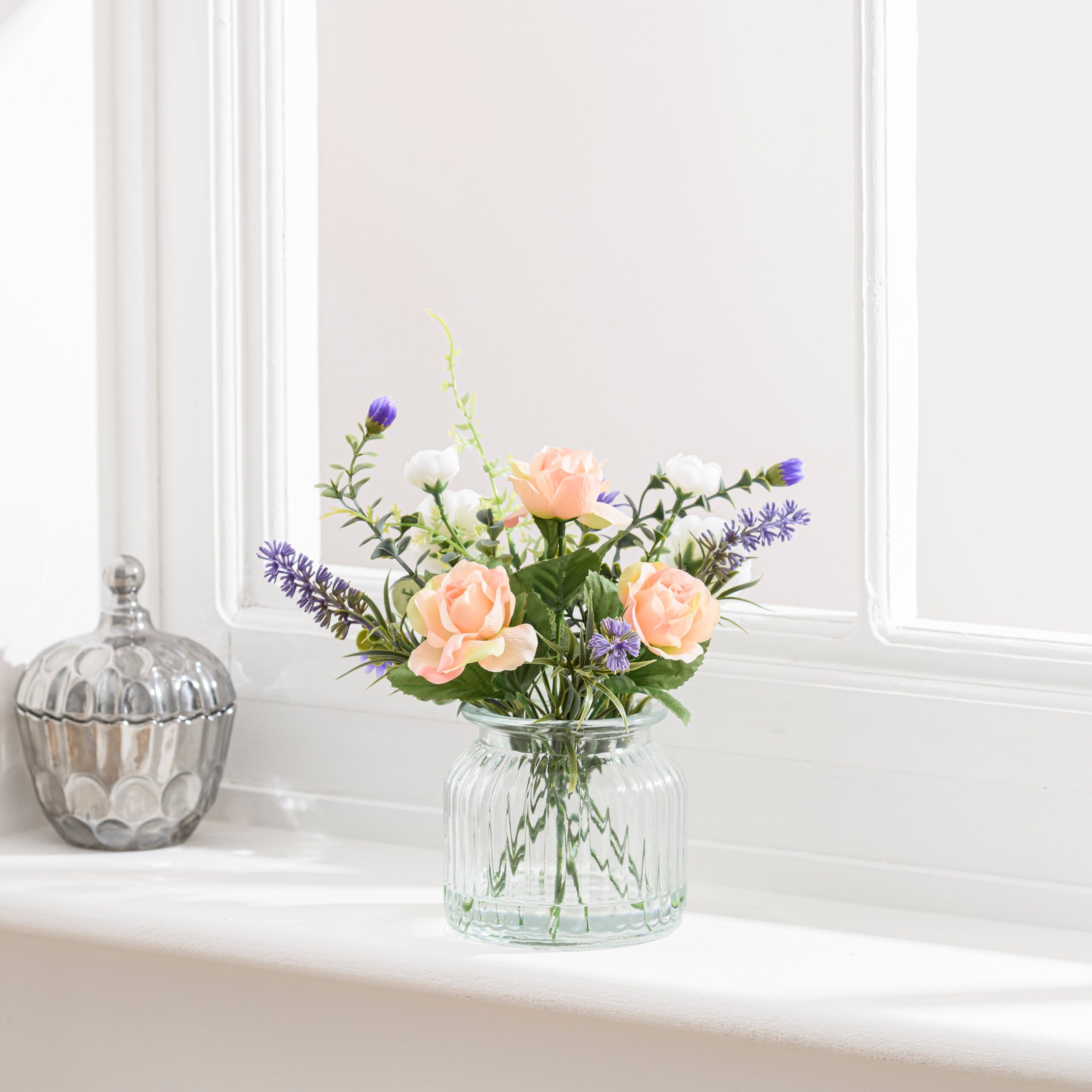 Artificial Rose and Lavender Bouquet in Glass Vase MultiColoured Artificial Rose and Lavender Bouquet in Glass Vase MultiColoured
