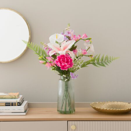 Artificial Tiger Lily Bouquet in Ribbed Glass Vase Pink