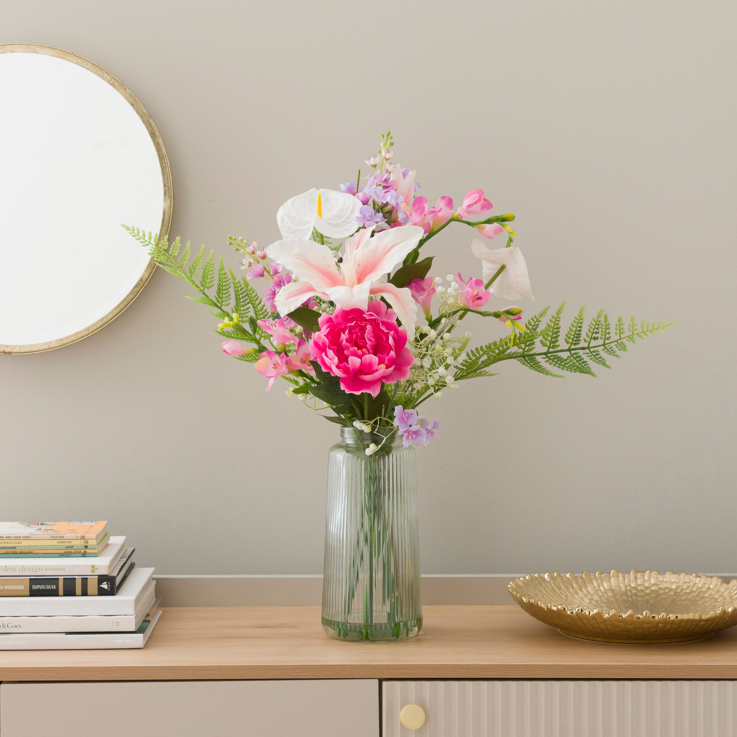 Artificial Tiger Lily Bouquet in Ribbed Glass Vase Pink Artificial Tiger Lily Bouquet in Ribbed Glass Vase Pink