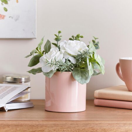 Artificial White Rose in Pink Ceramic Plant Pot White