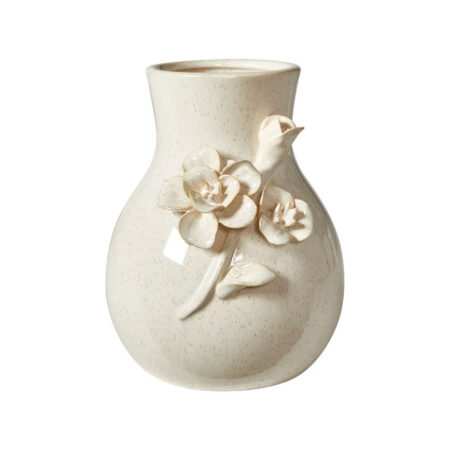 Beige keramik vase med blomt ø15cm h19cm 252022