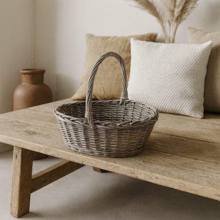 Billig kurv med hank - Grå pil - 34x27xH10xTH32 cm