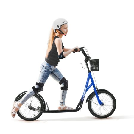 Børnescooter, løbehjul med bremse, inklusive kurv, højdejusterbar, til børn 5-12 år, blå+sort