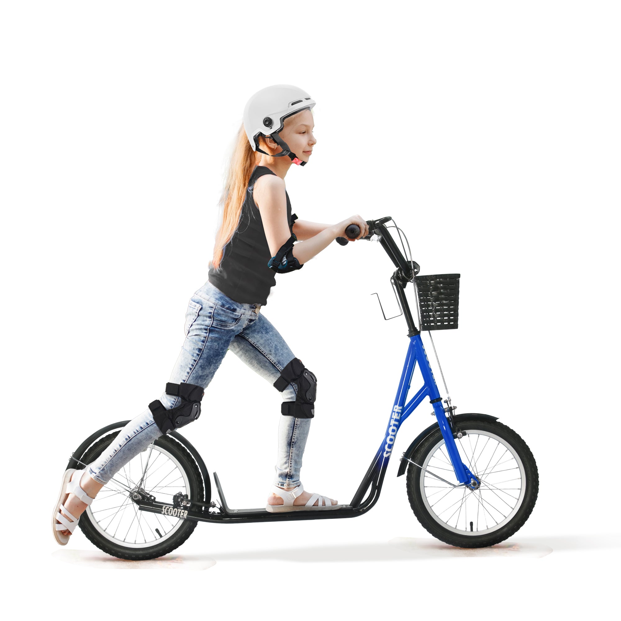 Børnescooter, løbehjul med bremse, inklusive kurv, højdejusterbar, til børn 5-12 år, blå+sort Børnescooter, løbehjul med bremse, inklusive kurv, højdejusterbar, til børn 5-12 år, blå+sort