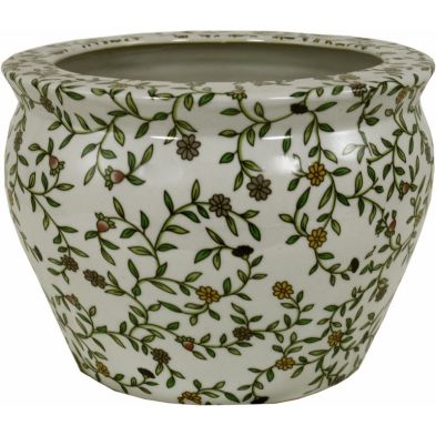 Ceramic Planter, Vintage Green & White Floral Design