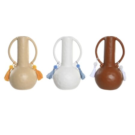 DKD Home Decor vase - Hvid/Beige/Terrakotta, dolomit, med frynser, 14 × 14 × 25,6 cm (3 stk.)
