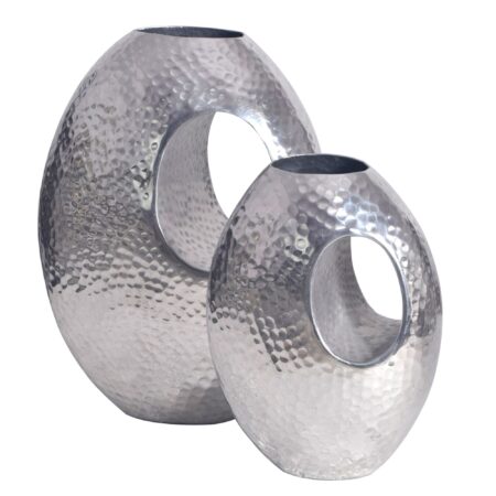 Dekorativt vasesæt med 2, aluminium, sølv, med bærehåndtag, moderne blomstervase, hamret finish, 2-delt dekorativ vase til blomster, håndlavet aluminiums bordvase
