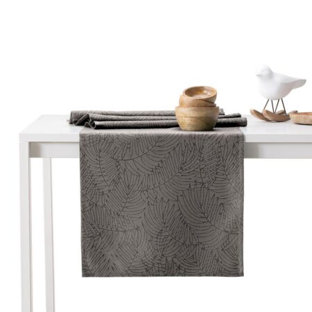 Dug sæt AmeliaHome Gaia brun præget plante, 115×250 cm + bordløber 35×250 cm