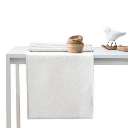 Dug sæt AmeliaHome Gaia cremefarvet, præget plante, 115×250 cm + bordløber 35×250 cm