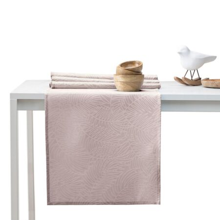 Dug sæt AmeliaHome Gaia pudderlyserød, præget plante, 115×250 cm + 35×250 cm løber