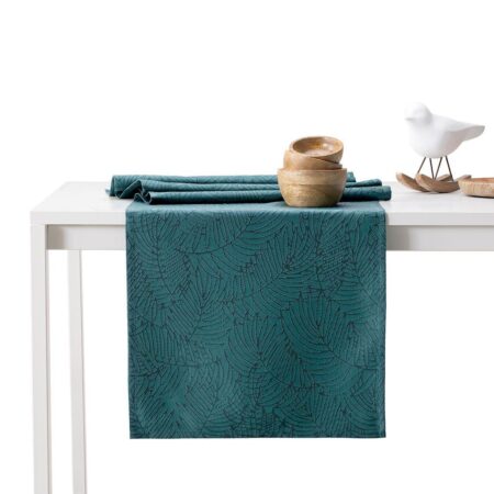 Dug sæt havgrøn AmeliaHome Gaia, præget plante, 115×300 + løber 35×300