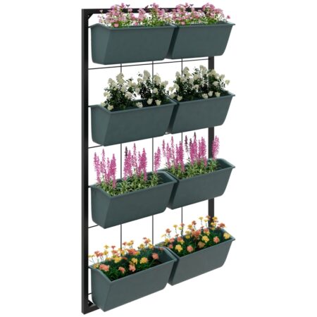 Dyrkningsvæg, 8 plantekasser, 52,5 x 14 x 90 cm, grå - sort