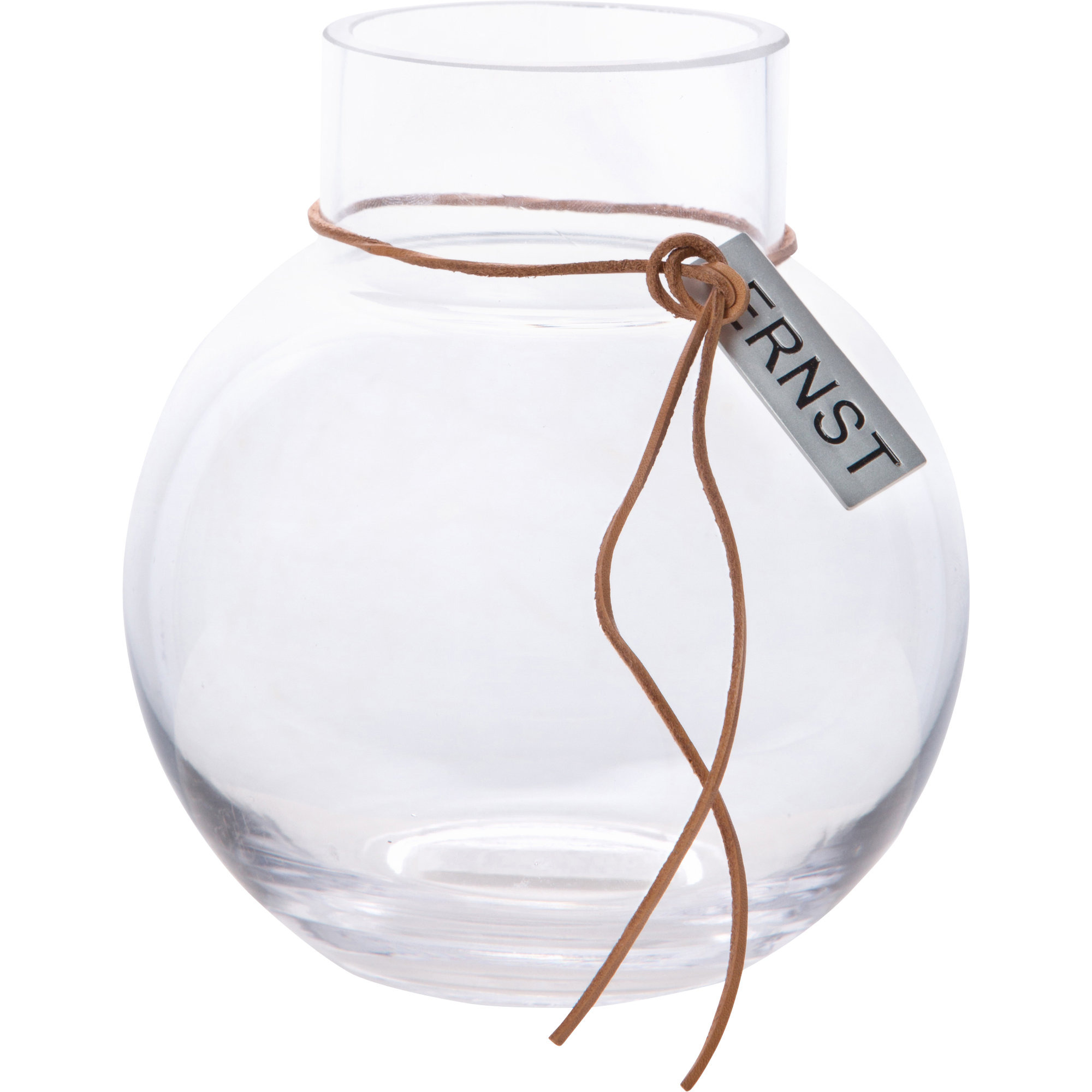 Ernst Rund glasvase med læderbånd, 14 cm. Ernst Rund glasvase med læderbånd, 14 cm.