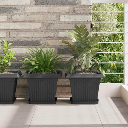 Firkantede blomsterkrukker - 6 stk, sort plastik, 28,5 × 28,5 × 22 cm