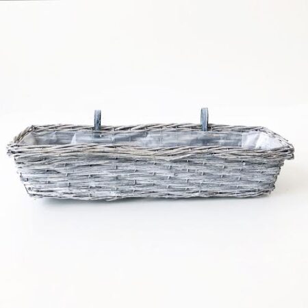 Flettet altankasse med ophæng, indvendig plast, grå pil - 65x20xH14 cm