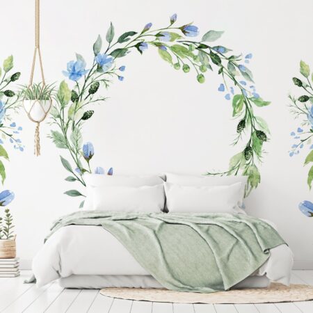 Fototapet - Romantic wreath - plant motif with blue flowers and leaves - Premium 450x315