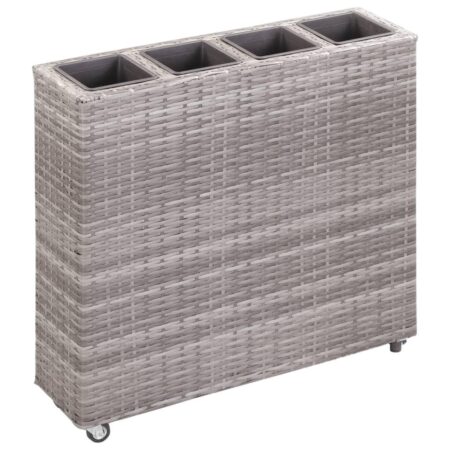 Hævet plantekasse med 4 krukker og hjul 80 x 22 x 79 cm polyrattan grå