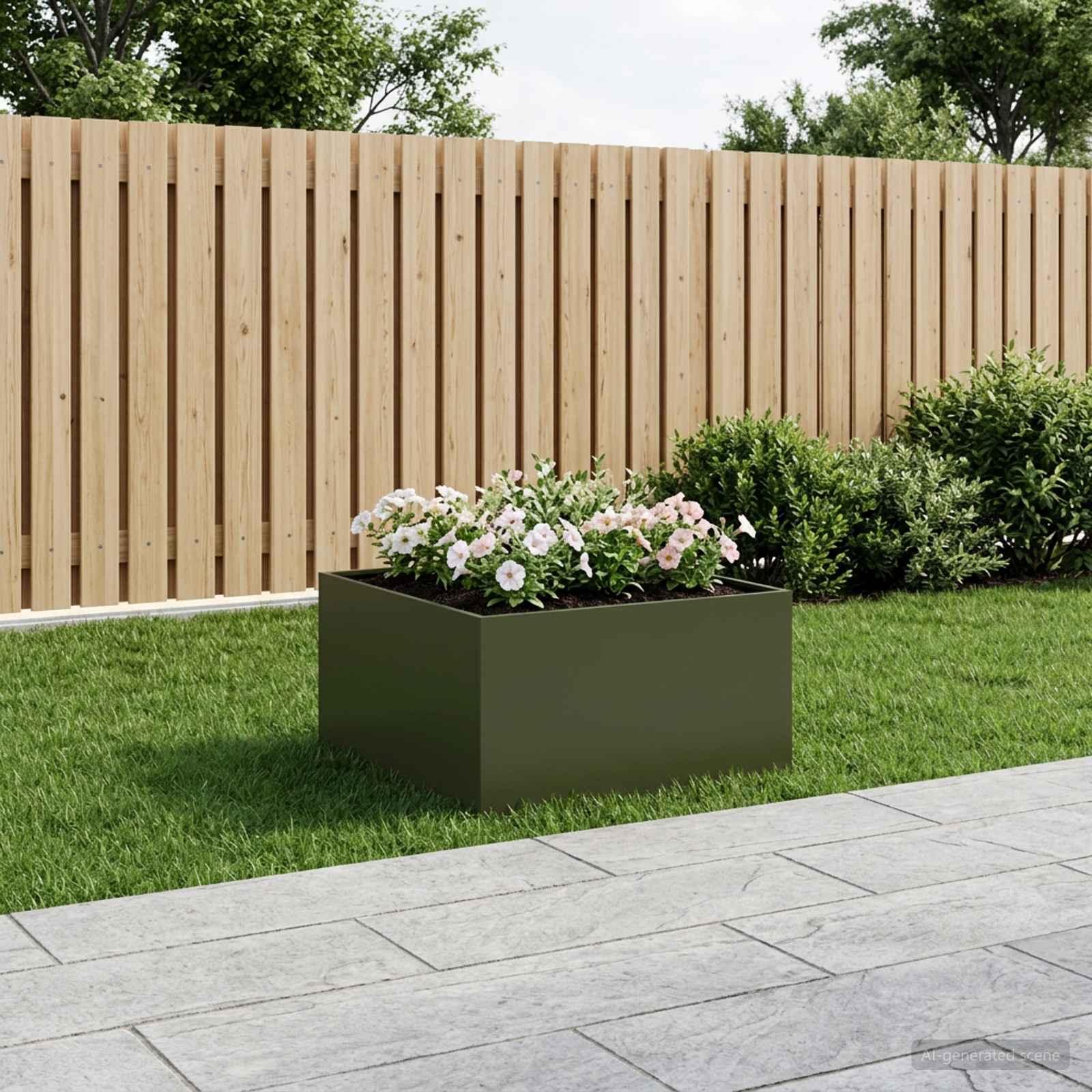 Have blomsterkrukke olivengrøn 80 x 80 x 40 cm i koldvalset stål Have blomsterkrukke olivengrøn 80 x 80 x 40 cm i koldvalset stål