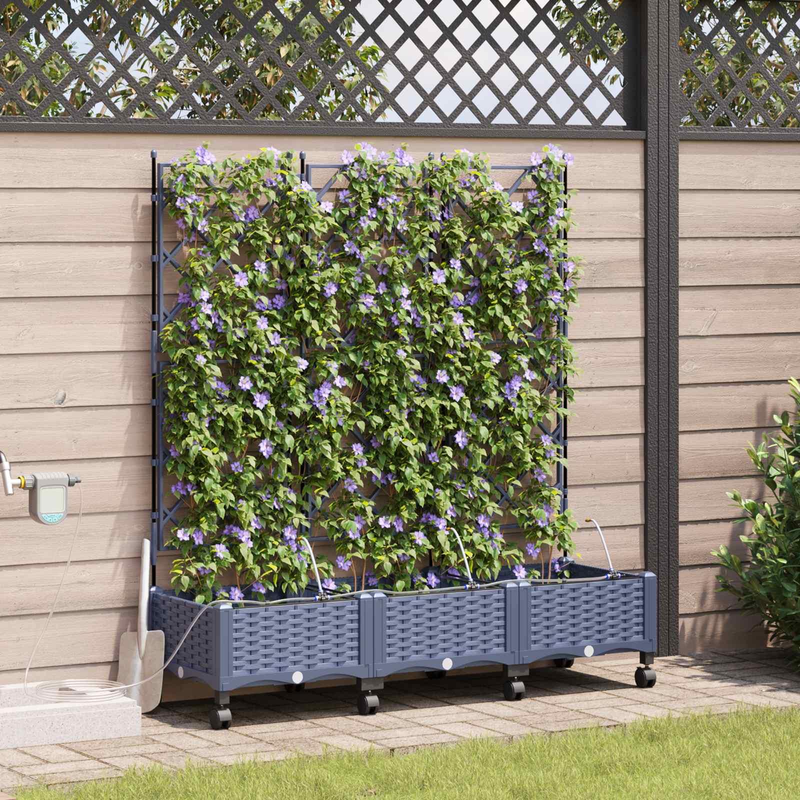 Havekrukke med vanding og hjul 3 stk. grå 120 x 40 x 132 cm plantekasse med espalier Havekrukke med vanding og hjul 3 stk. grå 120 x 40 x 132 cm plantekasse med espalier