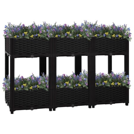 Højbed 120 × 40 × 71 cm - sort polypropylen plantekasse med 2 hylder