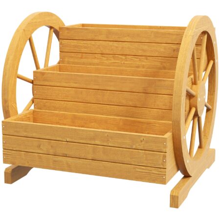 Højbed, 3 niveauer, vognhjulsdesign, naturtræ, 62 x 61 x 57 cm
