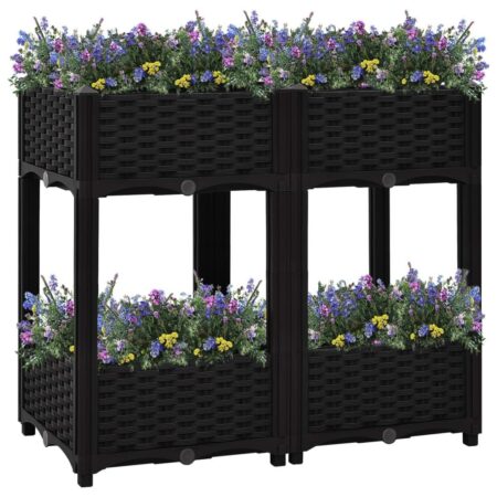 Højbed 80×40×71 cm - sort plantekasse i polypropylen med 2 hylder