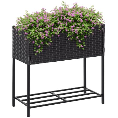 Højbed, blomsterkasse, dyb hylde, metalstel/polyrattan, 70 x 30 x 70 cm, mørkebrun