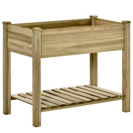 Højbed, hævet træplantekasse med bundhylde, robust konstruktion, drænhuller, 91l x 51b x 76h cm, grøn