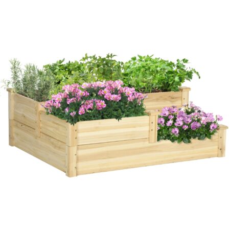 Højbed i solrigt design med 3 plantekasser, 3-etagers design, åbent gulv, 108 cm x 88 cm x 36 cm, naturfarvet