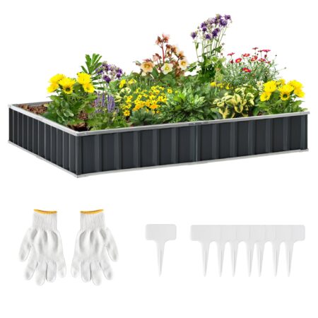 Højbed i stål, gør-det-selv-havebed med T-formede plantemærker, handsker, plantebed, urtehave, blomsterstativ til altan, have, mørkegrå, 258 x 90 x 30 cm