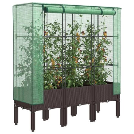 Højbed med drivhusovertræk 120×40×140 cm - rattan-look, brun/grøn