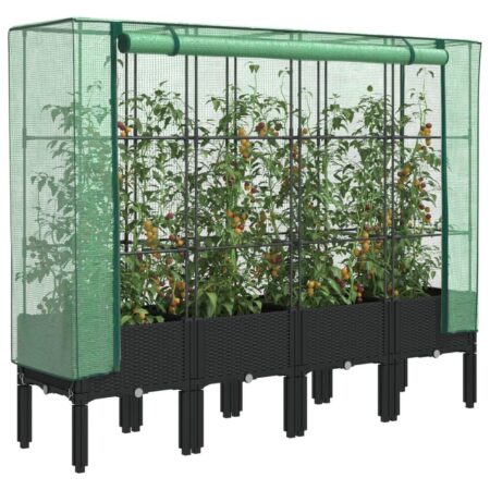 Højbed med drivhusovertræk 160×40×140 cm - rattan-look, sort