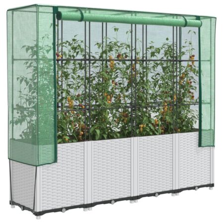 Højbed med drivhusovertræk 160×40×153 cm - rattan-look, hvid/grøn
